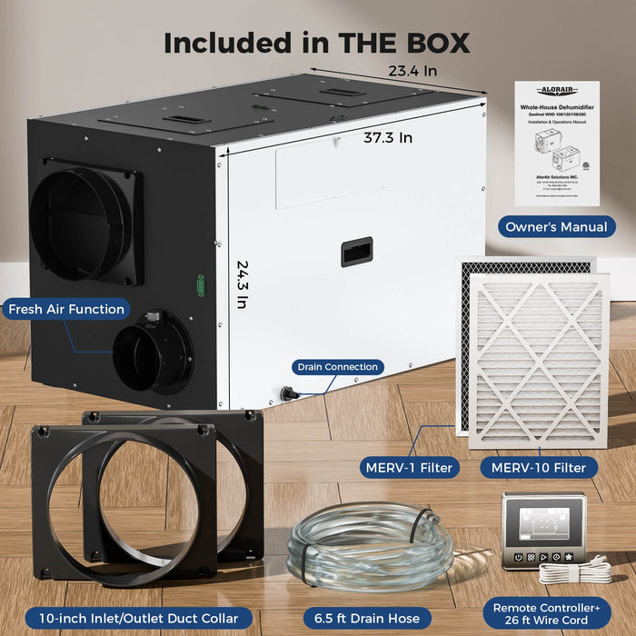 What's included with the AlorAir WHD100/120/150/200 whole house dehumidifier: owner's manual, dual filters, duct collars, drain hose, and remote controller