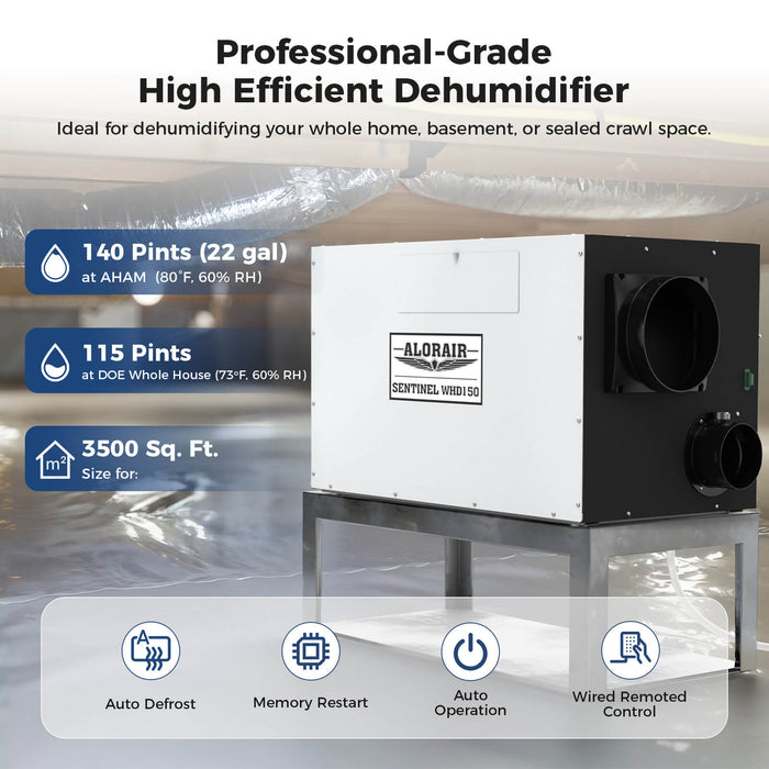 Crawl space install of the AlorAir Sentinel WHD150/WHD200 Whole House Dehumidifier, 140-pint AHAM capacity, 3500 sq. ft. coverage, wired remote control
