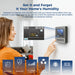 AlorAir whole house dehumidifier wall-mounted remote control panel showing humidity setpoint and timer, fan speed, and fresh air icons