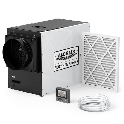 AlorAir Sentinel WHD100 Whole House Dehumidifier with included MERV filter, wired remote control panel and clear drain hose on white background