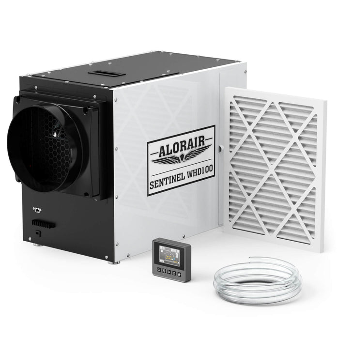 AlorAir Sentinel WHD100 Whole House Dehumidifier with included MERV filter, wired remote control panel and clear drain hose on white background