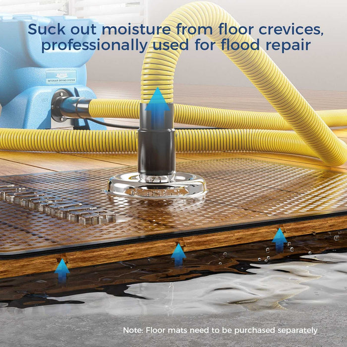 Close-up of an AlorAir X-Force air nozzle and floor mat pulling standing water up through hardwood floor crevices for flood repair