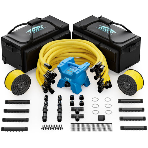 AlorAir X-Force Air Drying System complete kit with blower unit, two rolling carrying cases, coiled yellow hoses, manifolds, and connector fittings
