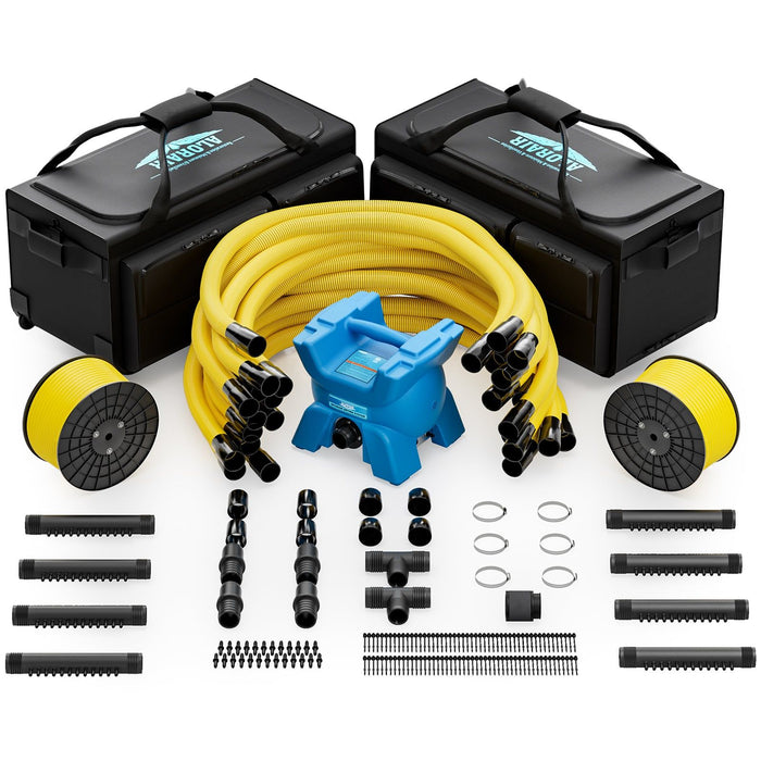 AlorAir X-Force Air Drying System complete kit with blower unit, two rolling carrying cases, coiled yellow hoses, manifolds, and connector fittings