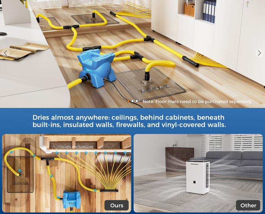 AlorAir X-Force wall cavity drying system with yellow hoses and manifold routed across an office floor and up shelving, compared to a standalone dehumidifier
