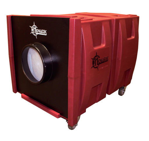 The Novatek Novair 2000 Air Scrubber showcases a black hose port on its sturdy red body, equipped with wheels for mobility