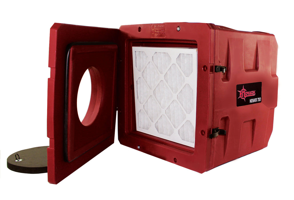 Red Novatek Novair 700 air scrubber with an open filter compartment, showing a white HEPA filter